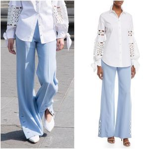 Lela Rose 10 Wool Crepe Wide Leg Straight Pants Buttons High Rise Waist Blue